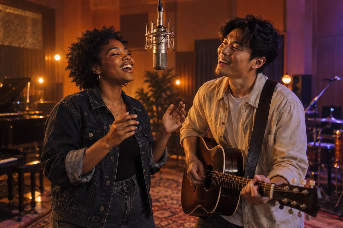 Two friends beside a suspended microphone in a warmly lit orange studio